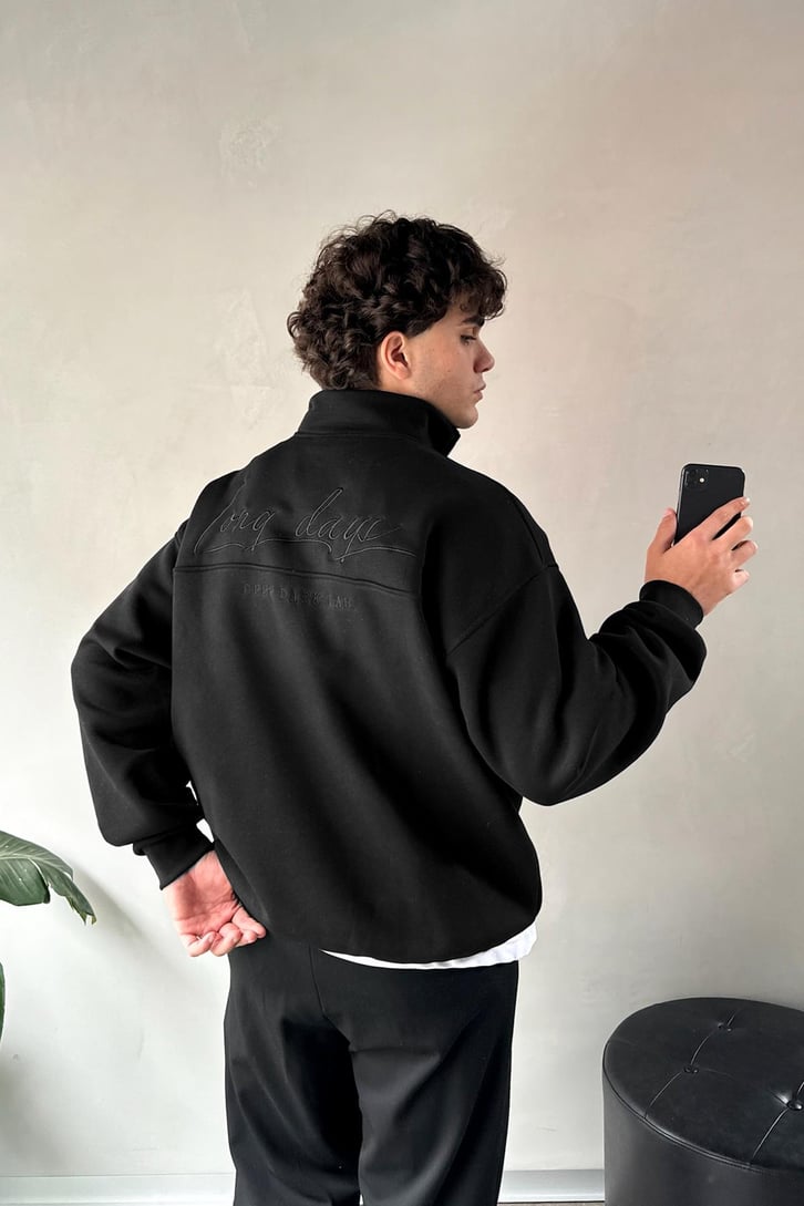Half Zip Long Day Nakışlı Oversize Sweatshirt