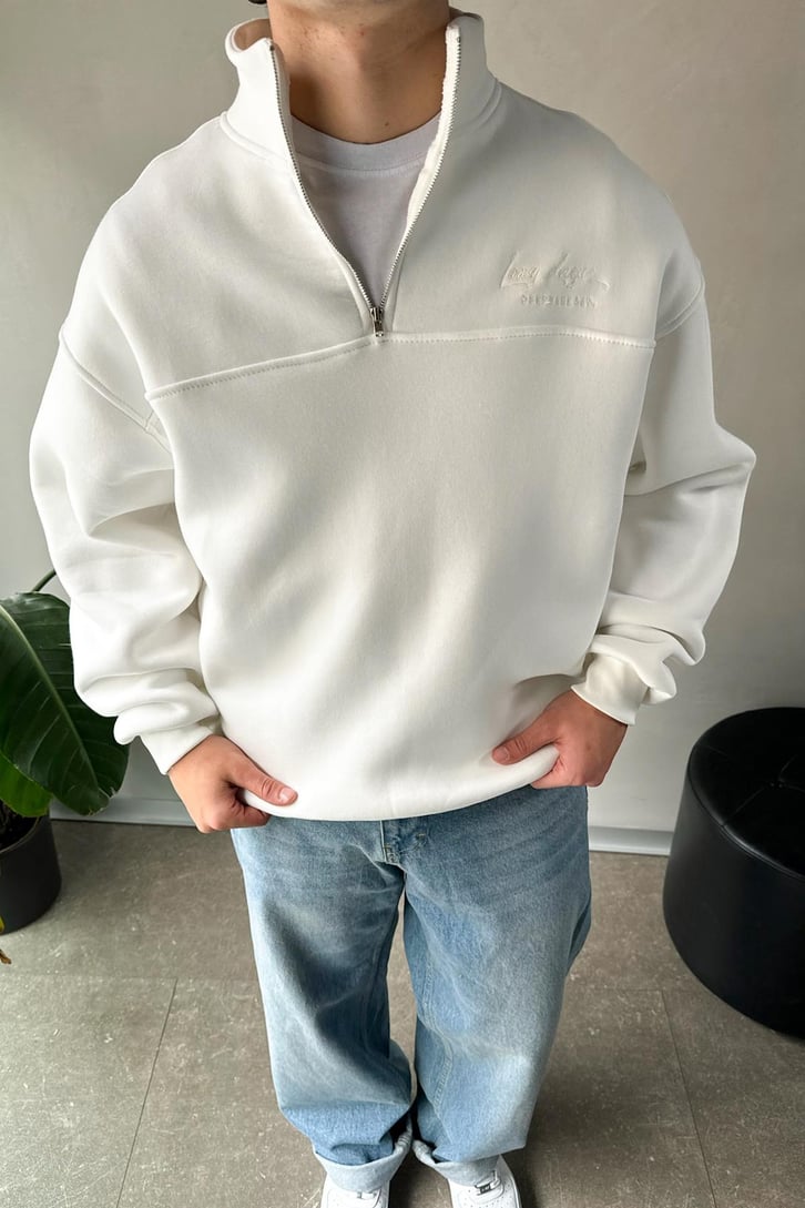 Half Zip Long Day Nakışlı Oversize Sweatshirt