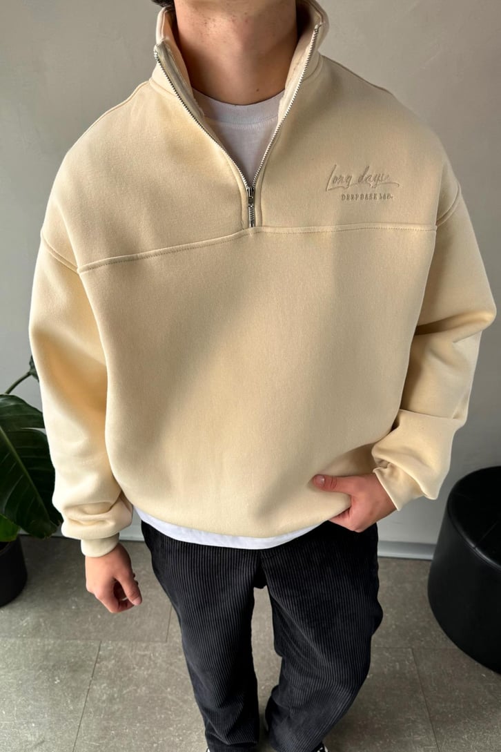Half Zip Long Day Nakışlı Oversize Sweatshirt