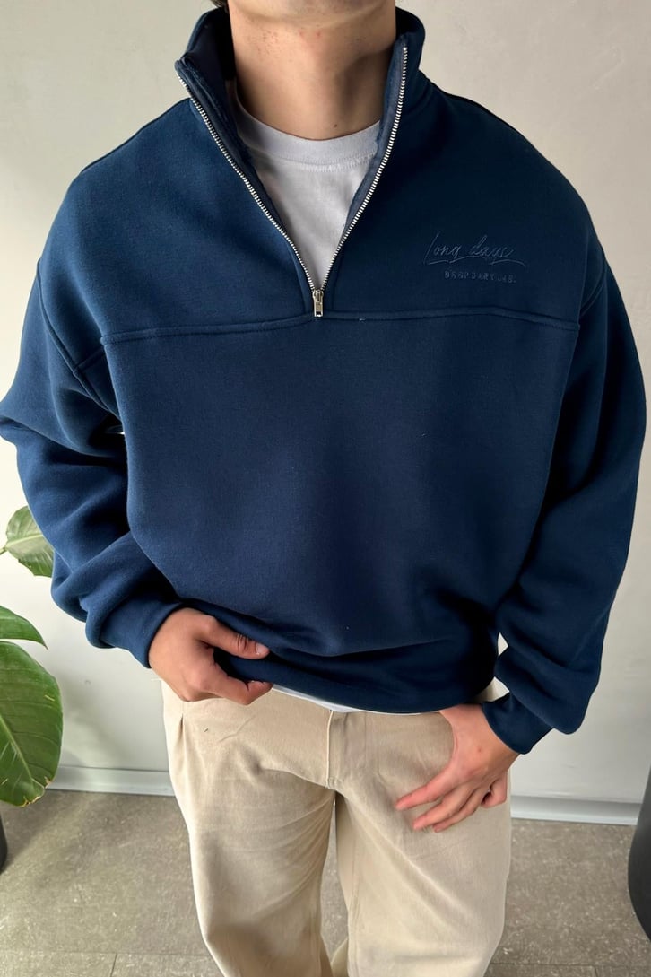 Half Zip Long Day Nakışlı Oversize Sweatshirt
