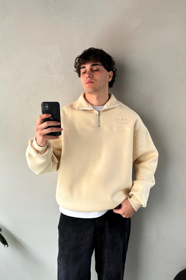 Half Zip Long Day Nakışlı Oversize Sweatshirt
