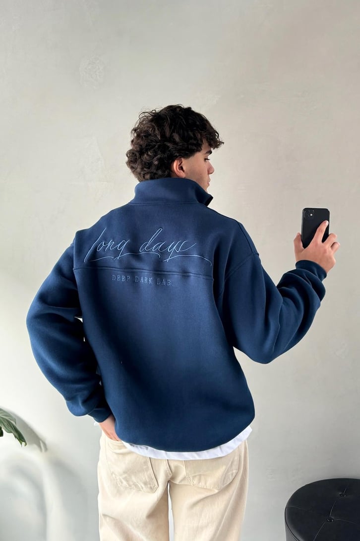 Half Zip Long Day Nakışlı Oversize Sweatshirt