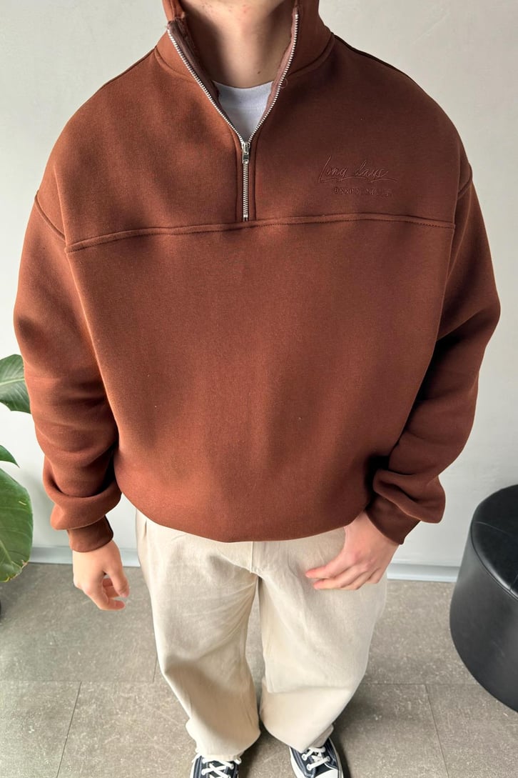 Half Zip Long Day Nakışlı Oversize Sweatshirt
