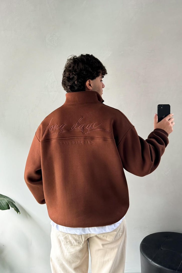Half Zip Long Day Nakışlı Oversize Sweatshirt