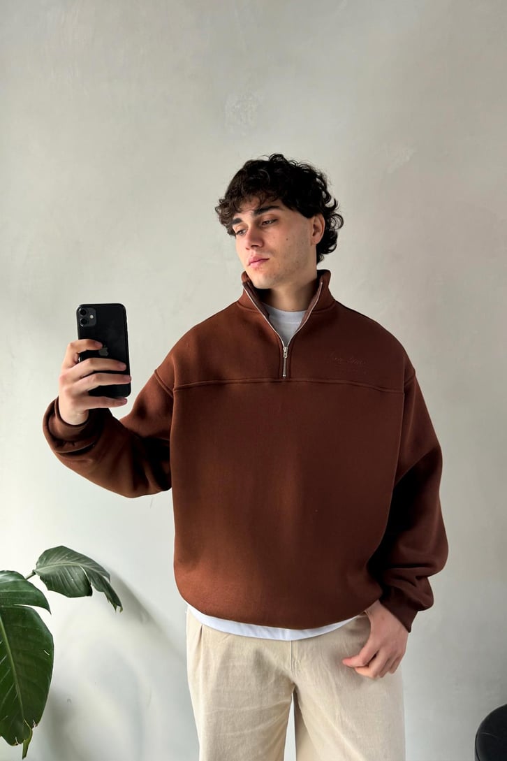 Half Zip Long Day Nakışlı Oversize Sweatshirt