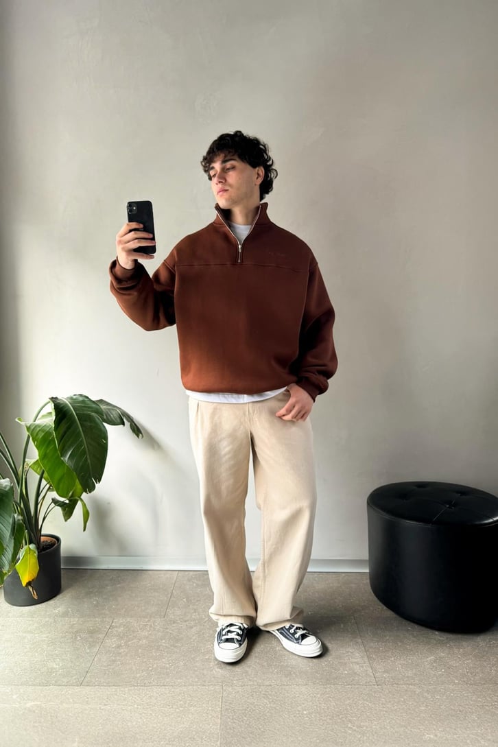 Half Zip Long Day Nakışlı Oversize Sweatshirt