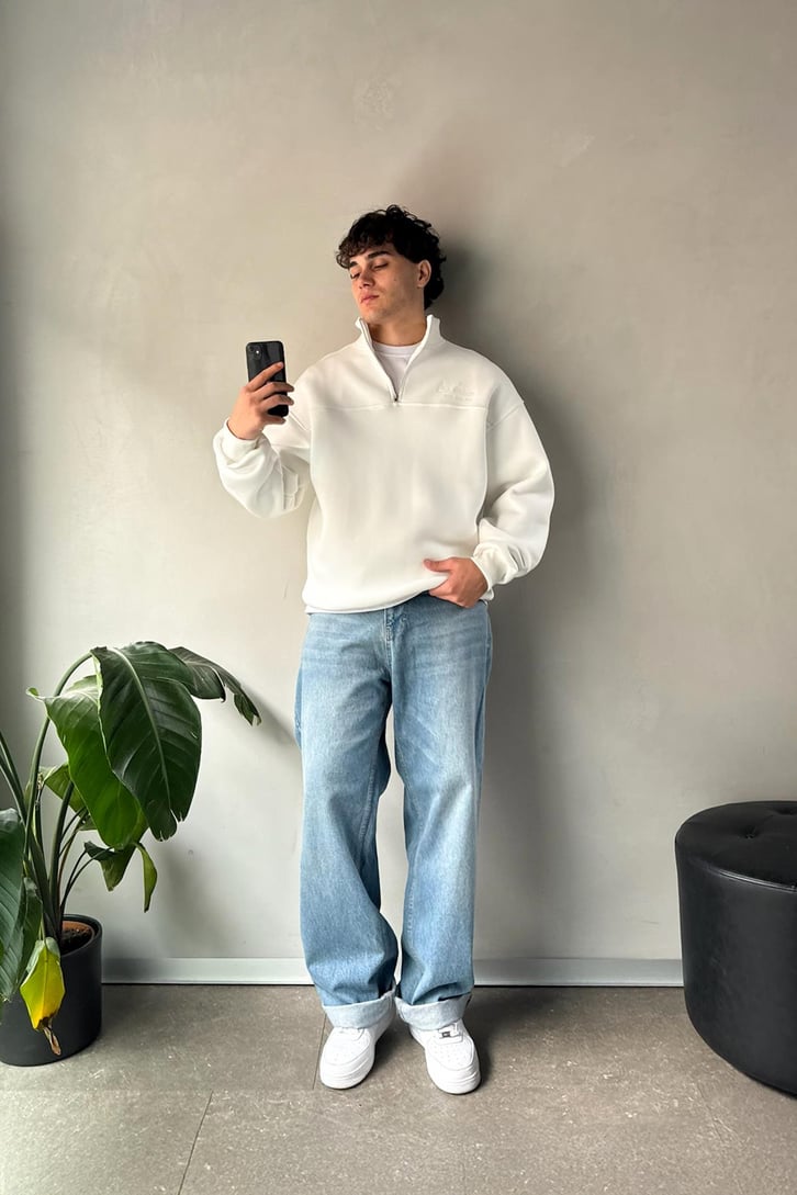Half Zip Long Day Nakışlı Oversize Sweatshirt