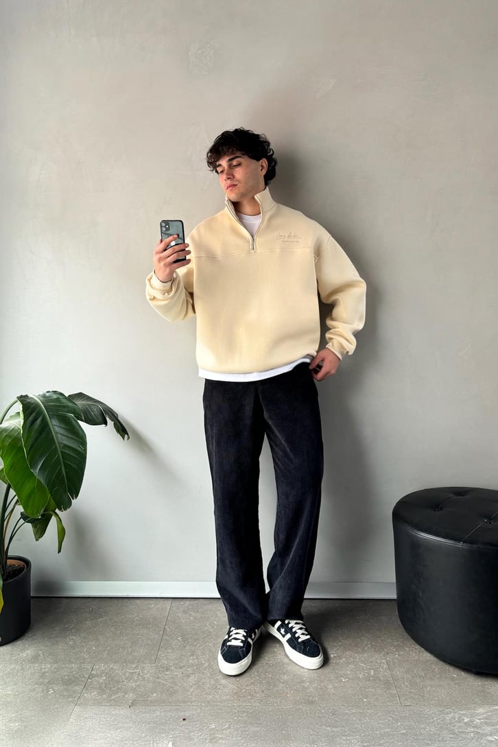 Half Zip Long Day Nakışlı Oversize Sweatshirt