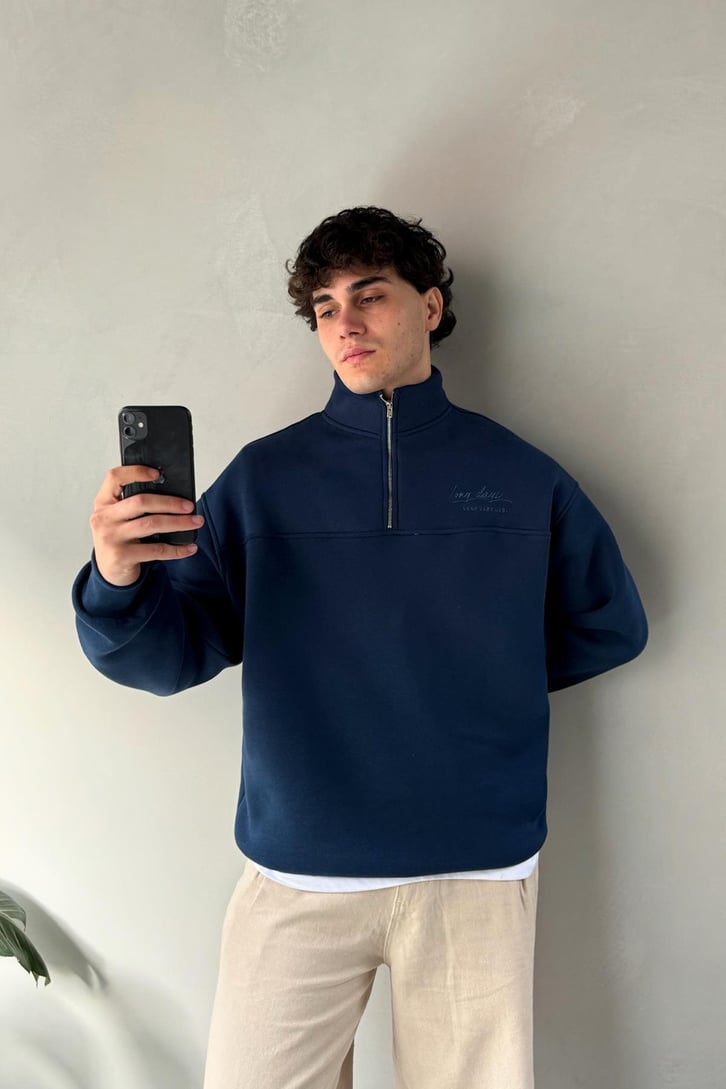 Half Zip Long Day Nakışlı Oversize Sweatshirt