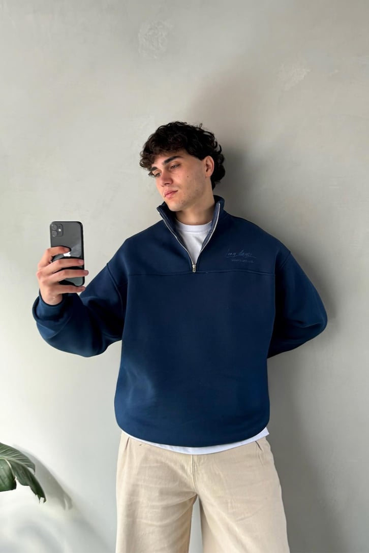 Half Zip Long Day Nakışlı Oversize Sweatshirt