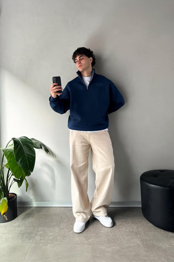 Half Zip Long Day Nakışlı Oversize Sweatshirt