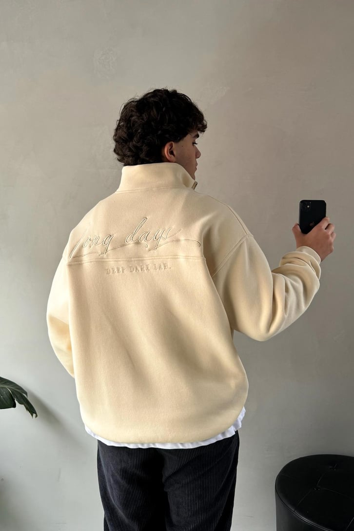 Half Zip Long Day Nakışlı Oversize Sweatshirt