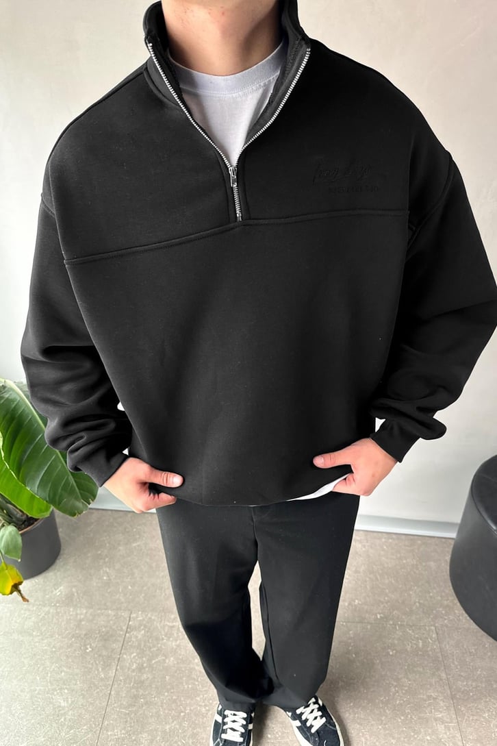 Half Zip Long Day Nakışlı Oversize Sweatshirt