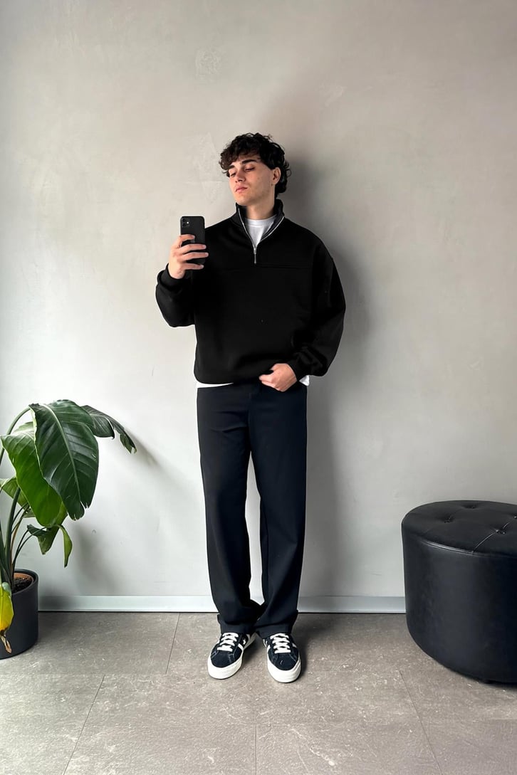 Half Zip Long Day Nakışlı Oversize Sweatshirt