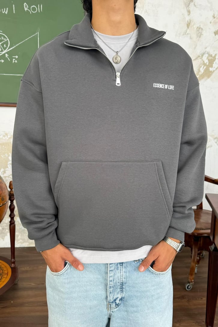 Half Zip Minimal Baskılı Oversize Sweatshirt