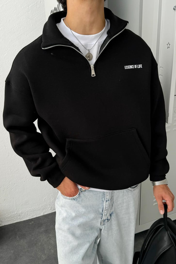 Half Zip Minimal Baskılı Oversize Sweatshirt