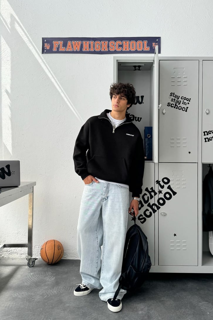 Half Zip Minimal Baskılı Oversize Sweatshirt