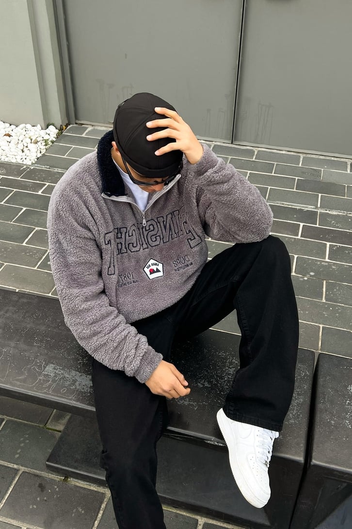 Half-Zip Nakışlı Füme Peluş Sweatshirt