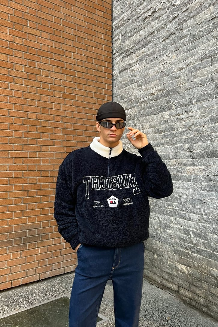 Half-Zip Nakışlı Lacivert Peluş Sweatshirt