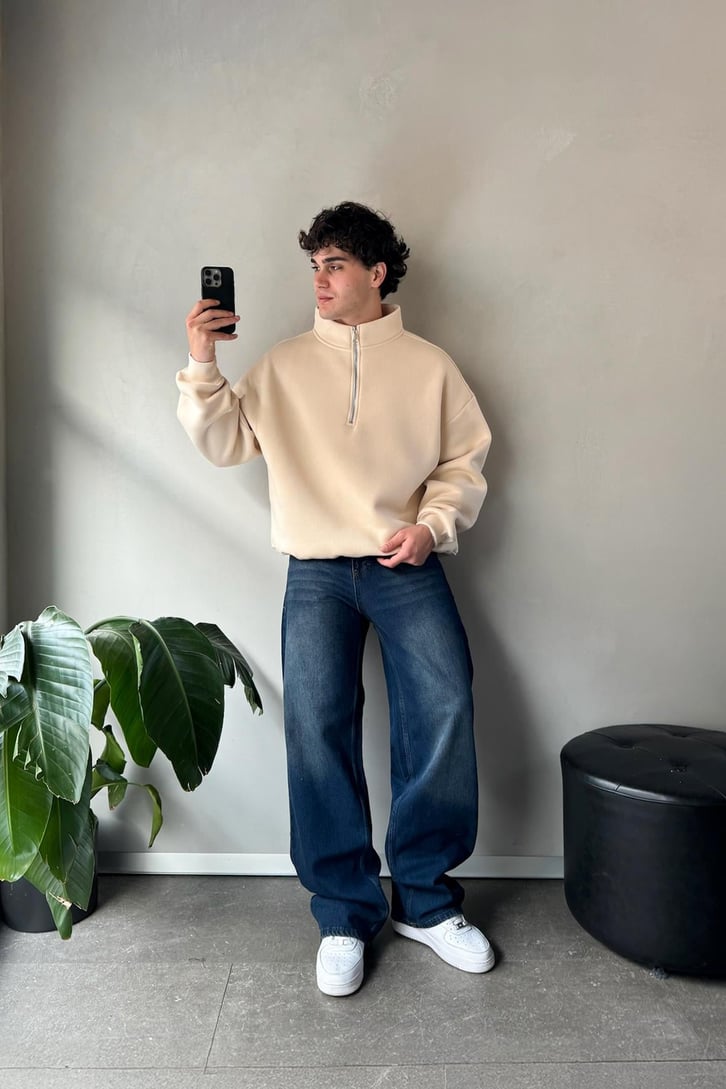 Half Zip Oversize Basic Sweatshirt