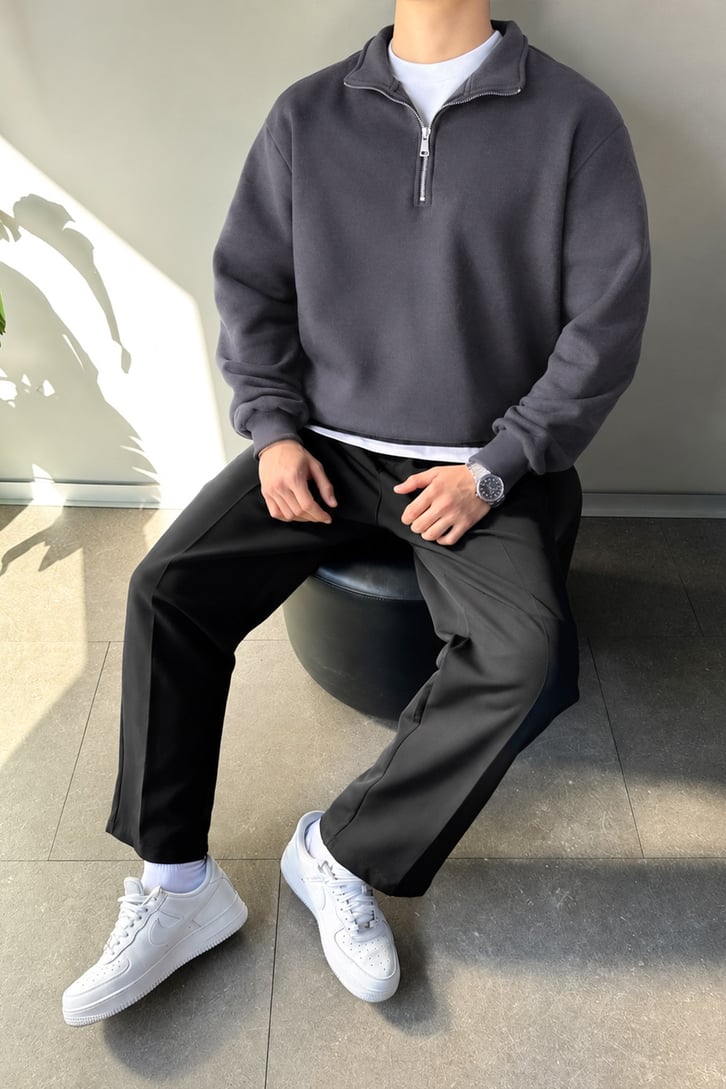 Half Zip Oversize Polo Yaka Sweatshirt