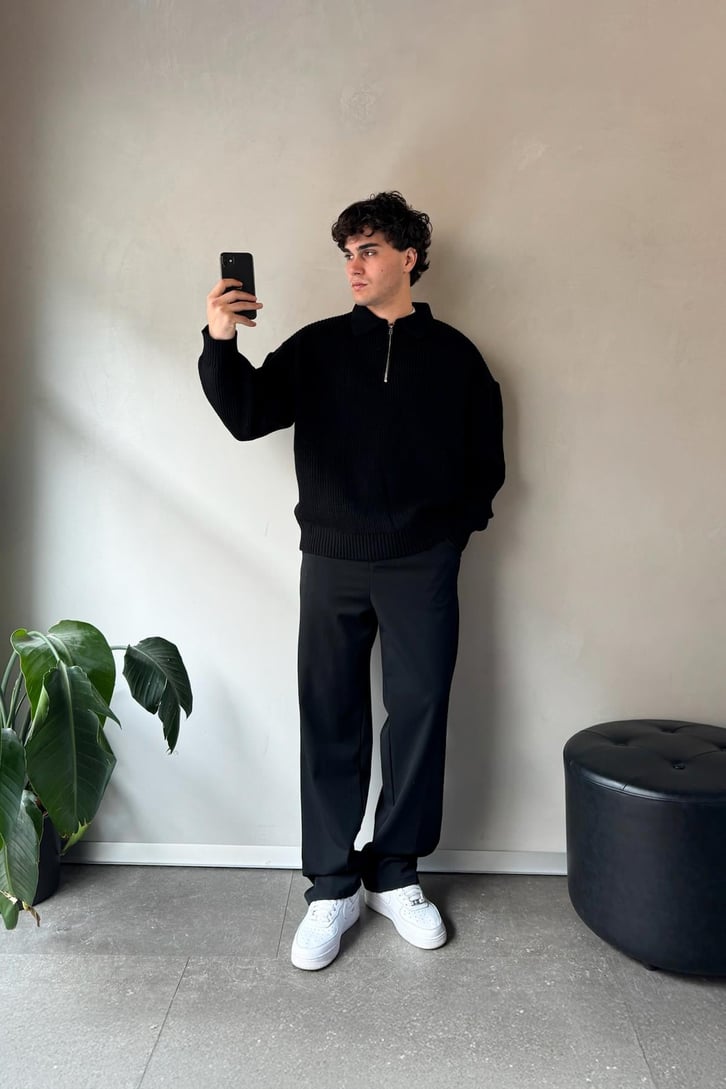 Half Zip Oversize Siyah Triko Kazak