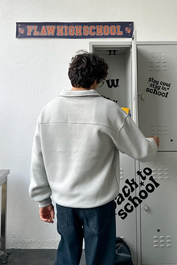 Half Zip Polo Yaka Basic Oversize Sweatshirt