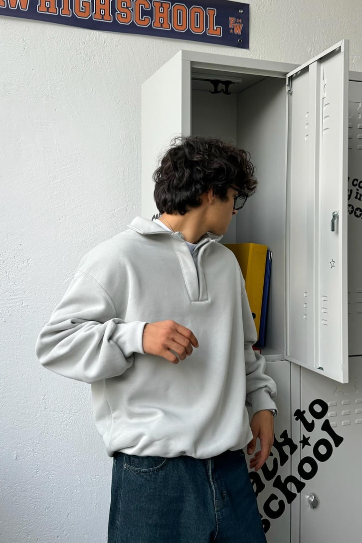 Half Zip Polo Yaka Basic Oversize Sweatshirt