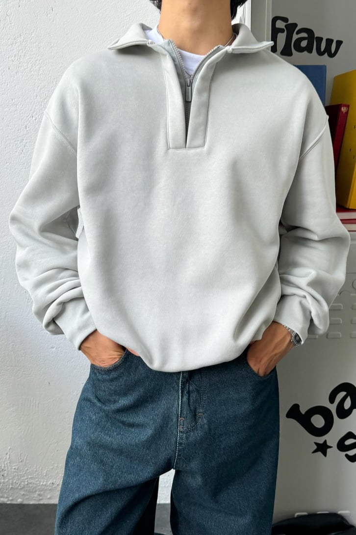Half Zip Polo Yaka Basic Oversize Sweatshirt