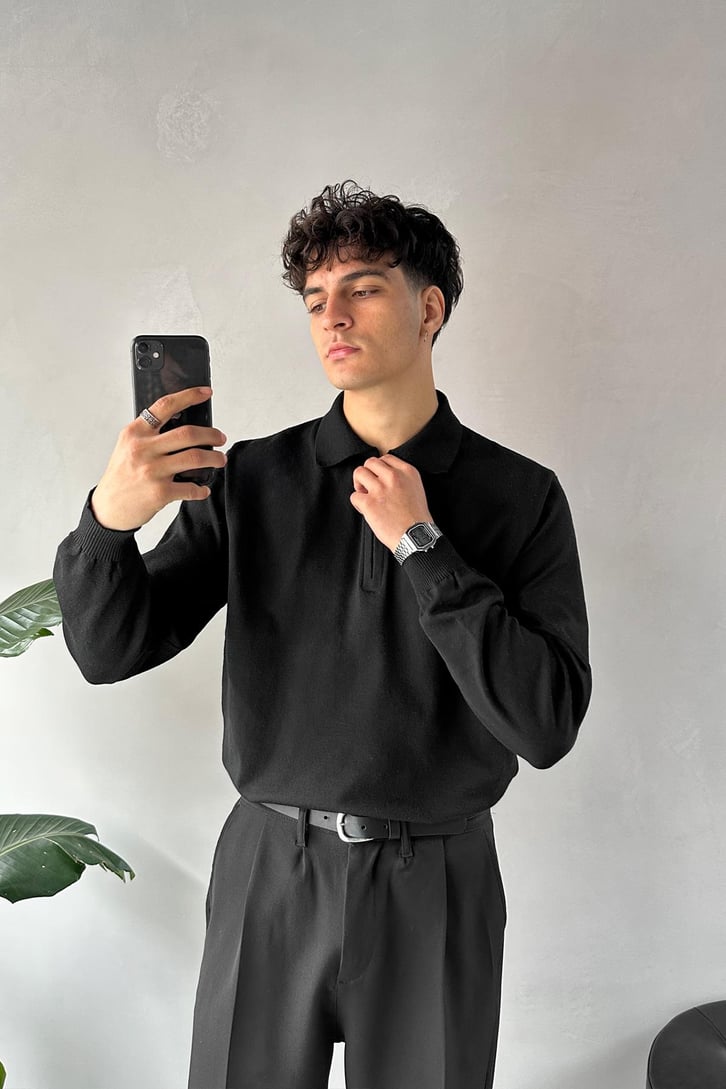 Half Zip Polo Yaka İnce Triko Kazak