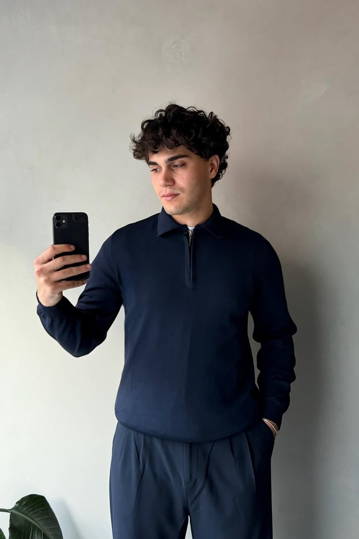 Half Zip Polo Yaka İnce Triko Kazak