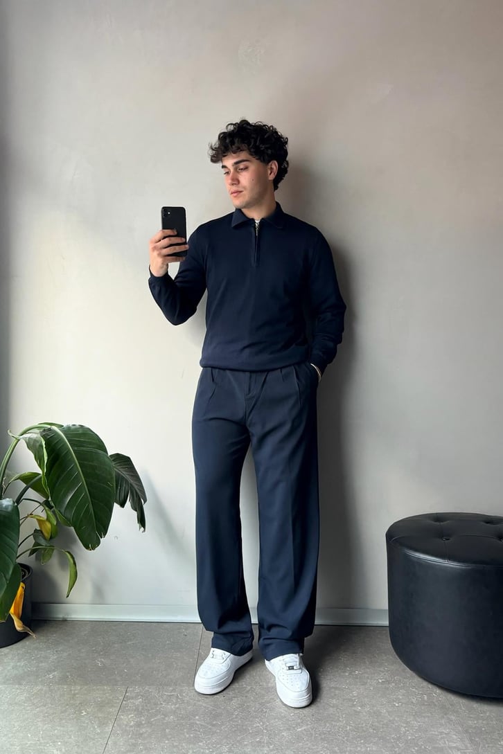 Half Zip Polo Yaka İnce Triko Kazak