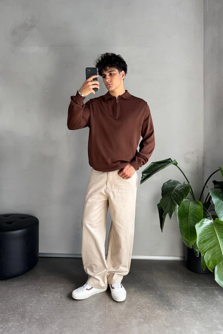 Half Zip Polo Yaka İnce Triko Kazak