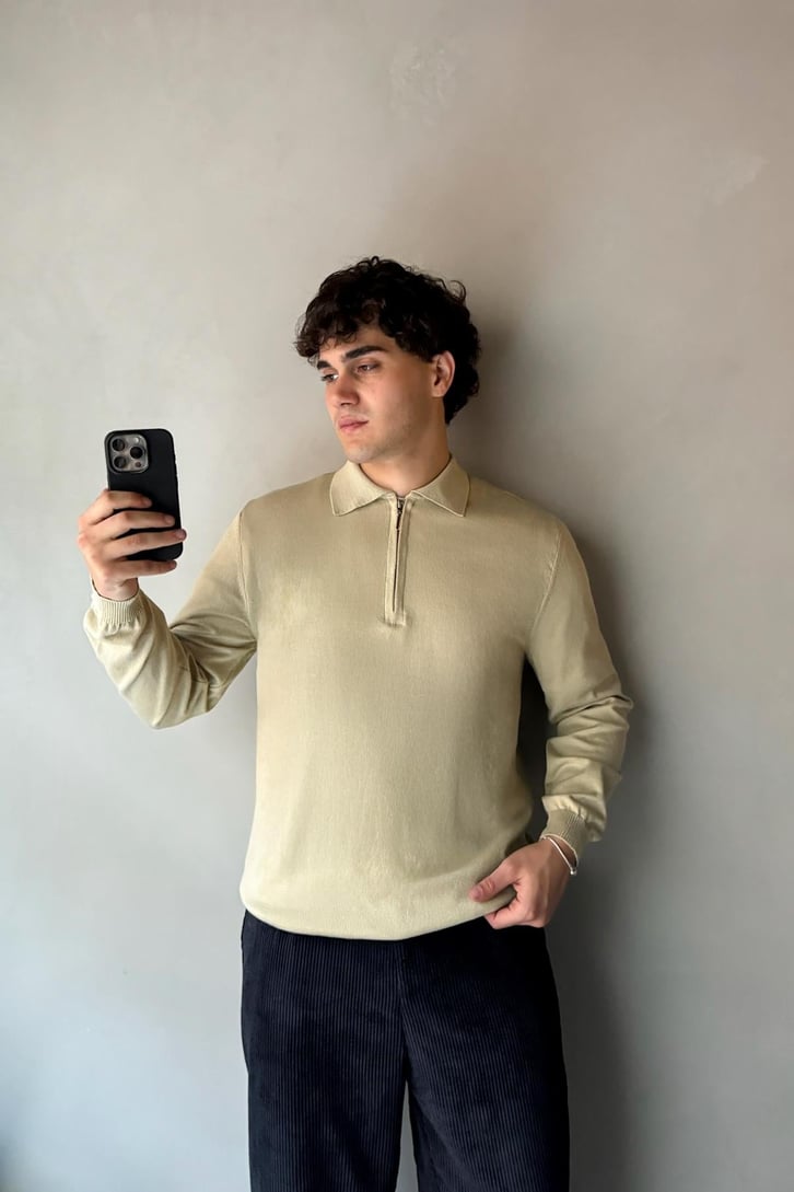 Half Zip Polo Yaka İnce Triko Kazak