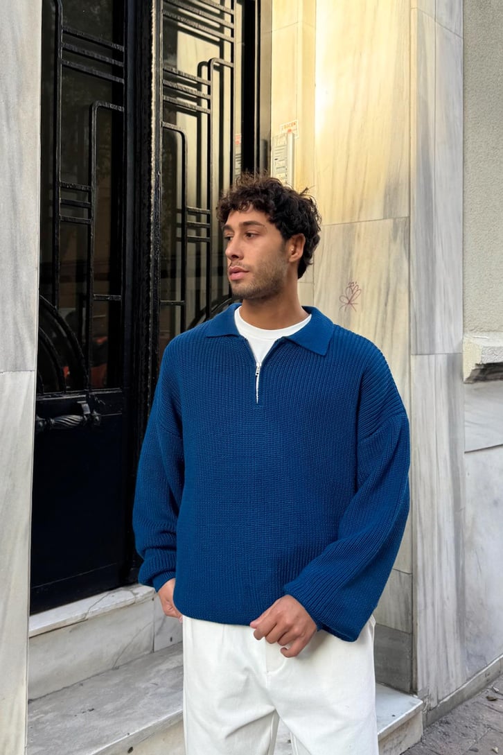 Half Zip Polo Yaka Triko Kazak