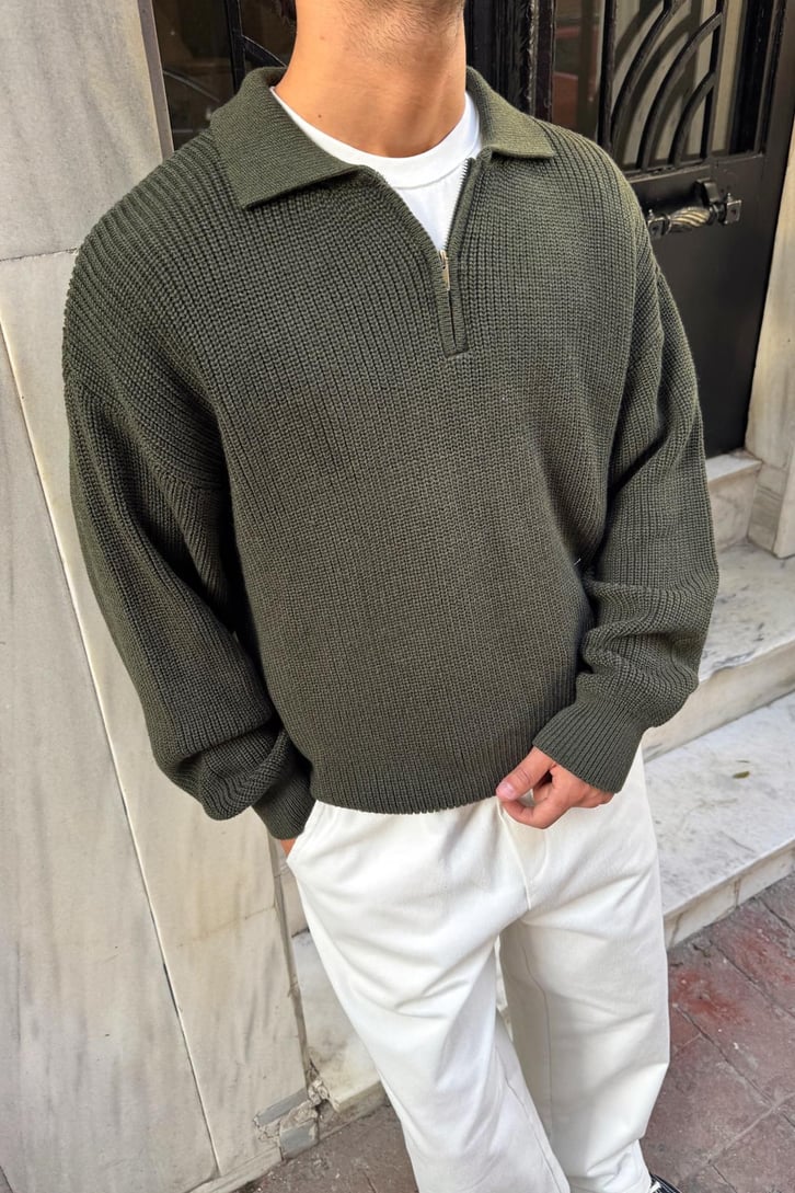 Half Zip Polo Yaka Triko Kazak