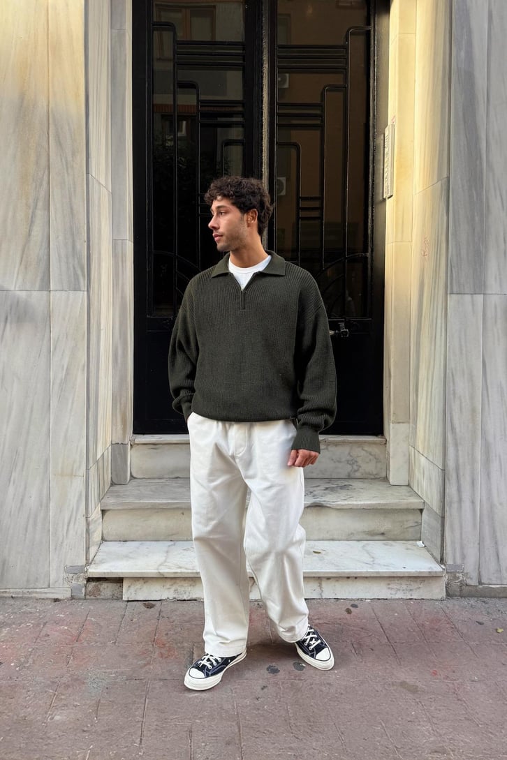 Half Zip Polo Yaka Triko Kazak