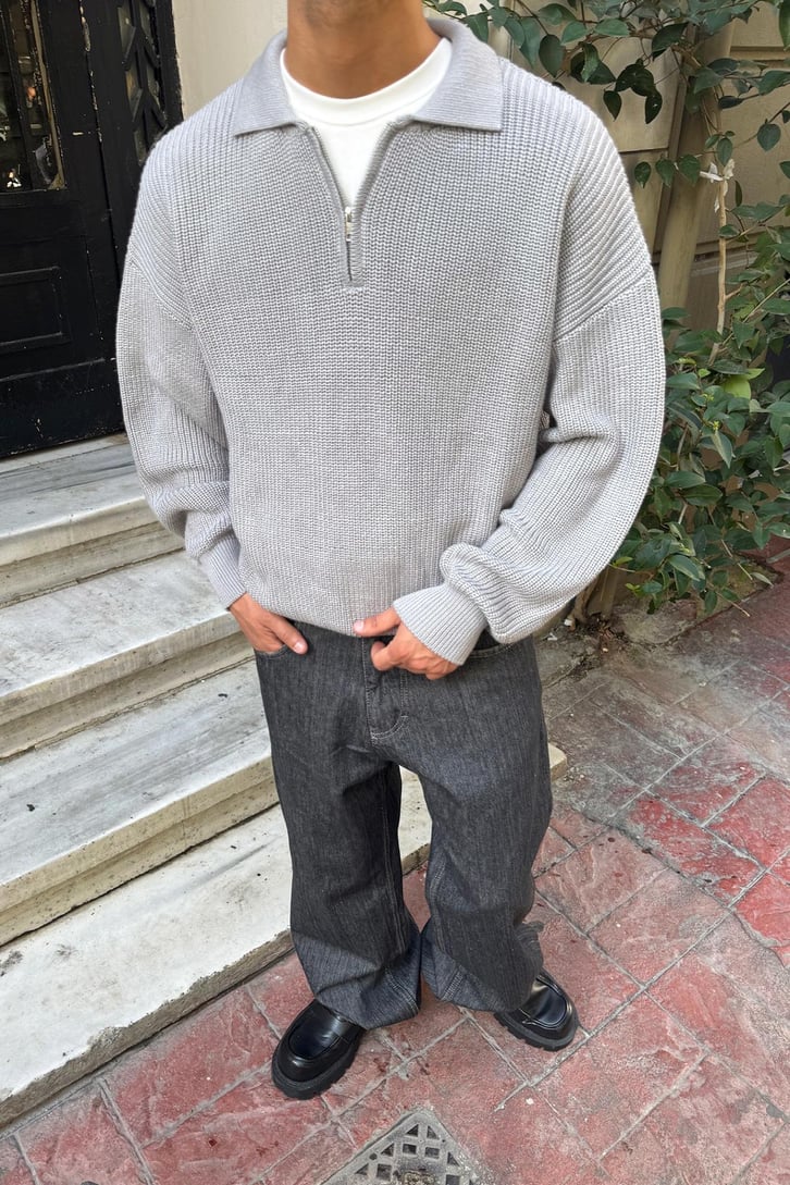 Half Zip Polo Yaka Triko Kazak