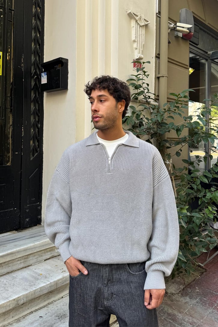 Half Zip Polo Yaka Triko Kazak