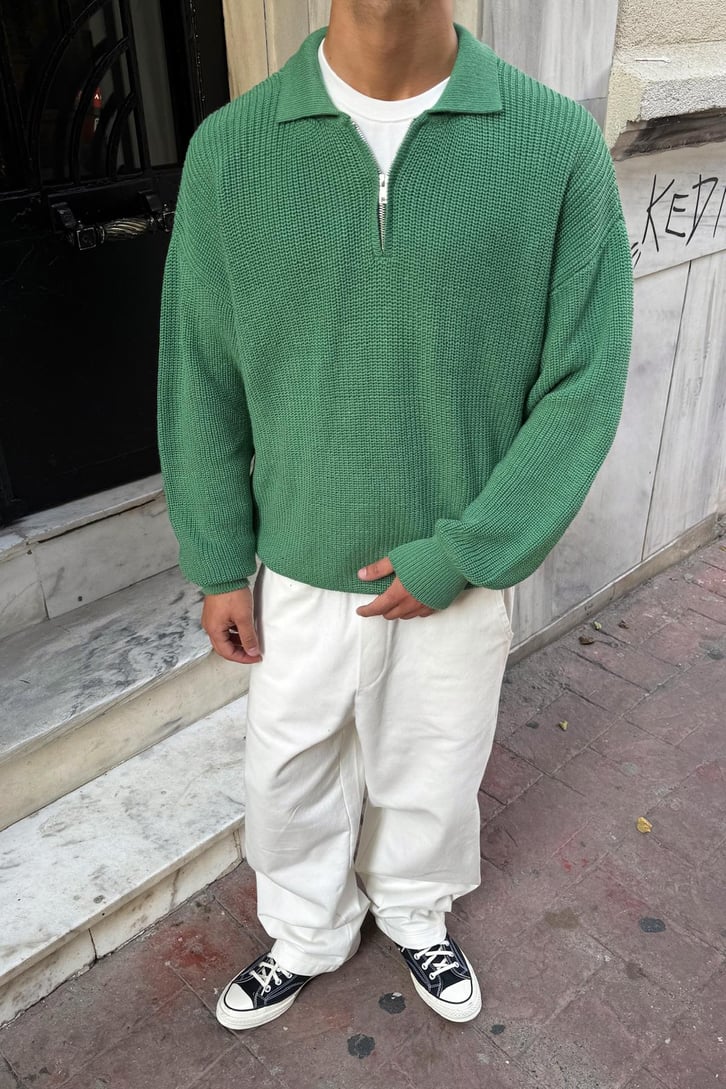 Half Zip Polo Yaka Triko Kazak