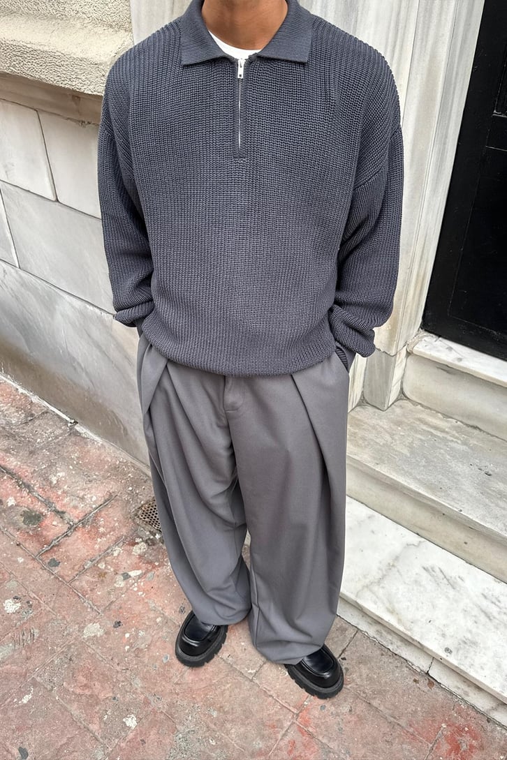 Half Zip Polo Yaka Triko Kazak