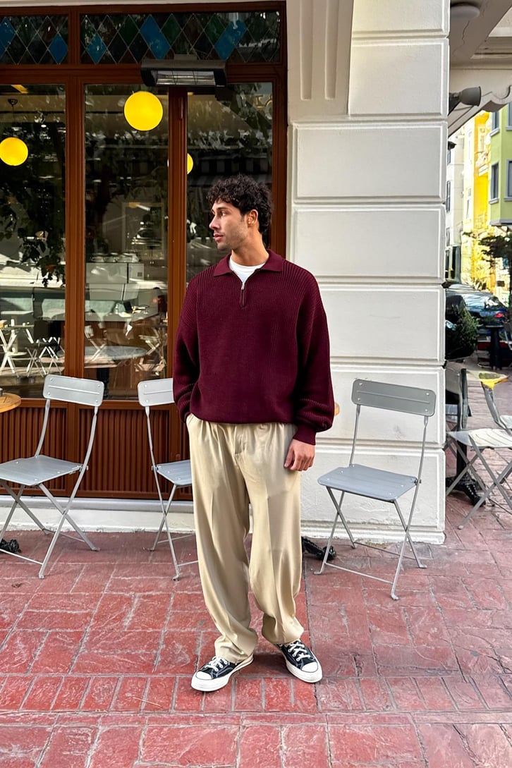 Half Zip Polo Yaka Triko Kazak