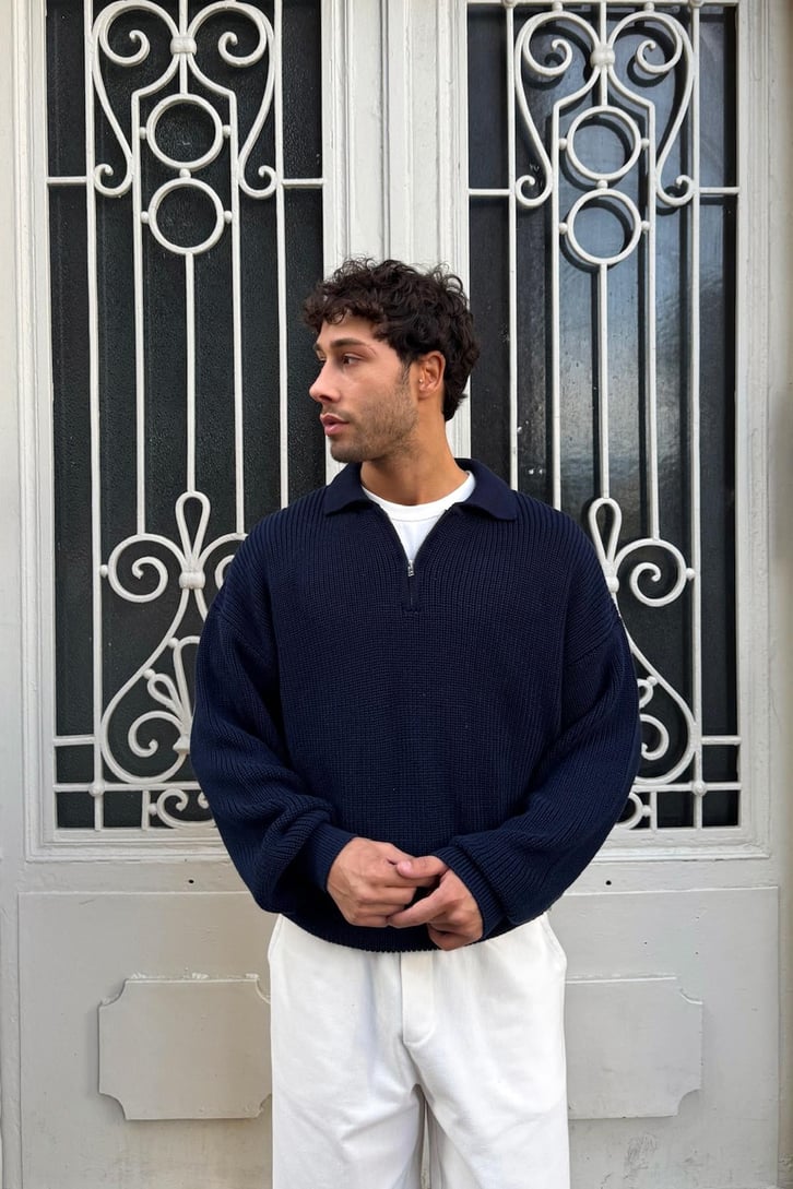 Half Zip Polo Yaka Triko Kazak