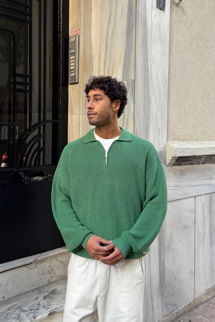 Half Zip Polo Yaka Triko Kazak