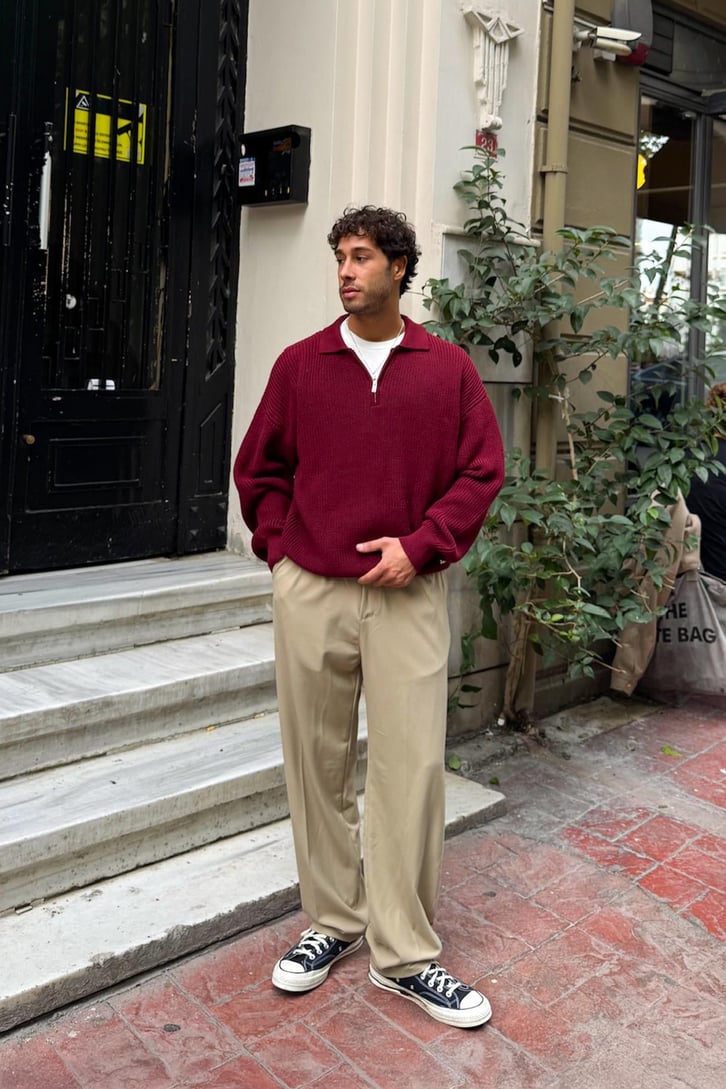 Half Zip Polo Yaka Triko Kazak