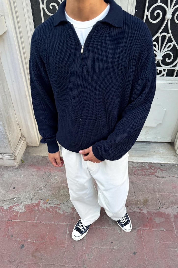 Half Zip Polo Yaka Triko Kazak