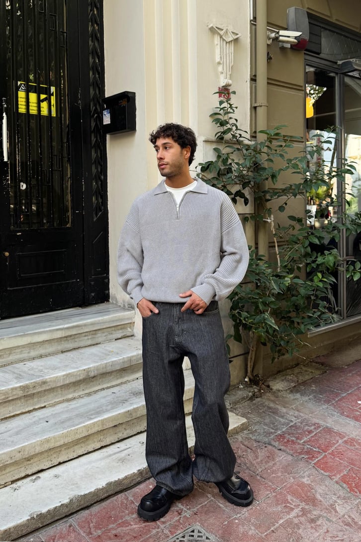Half Zip Polo Yaka Triko Kazak
