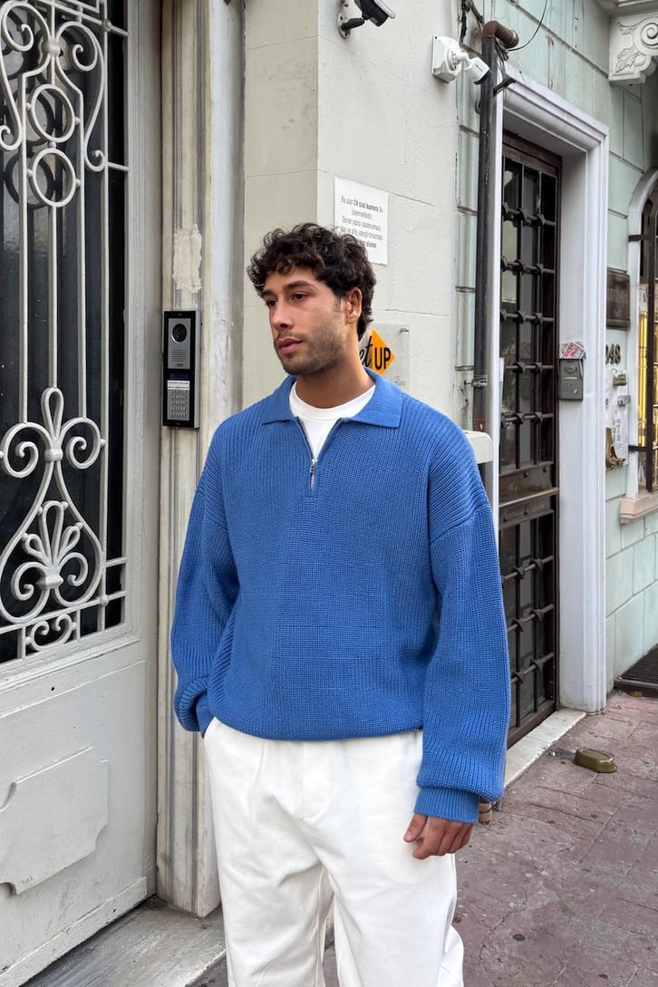 Half Zip Polo Yaka Triko Kazak