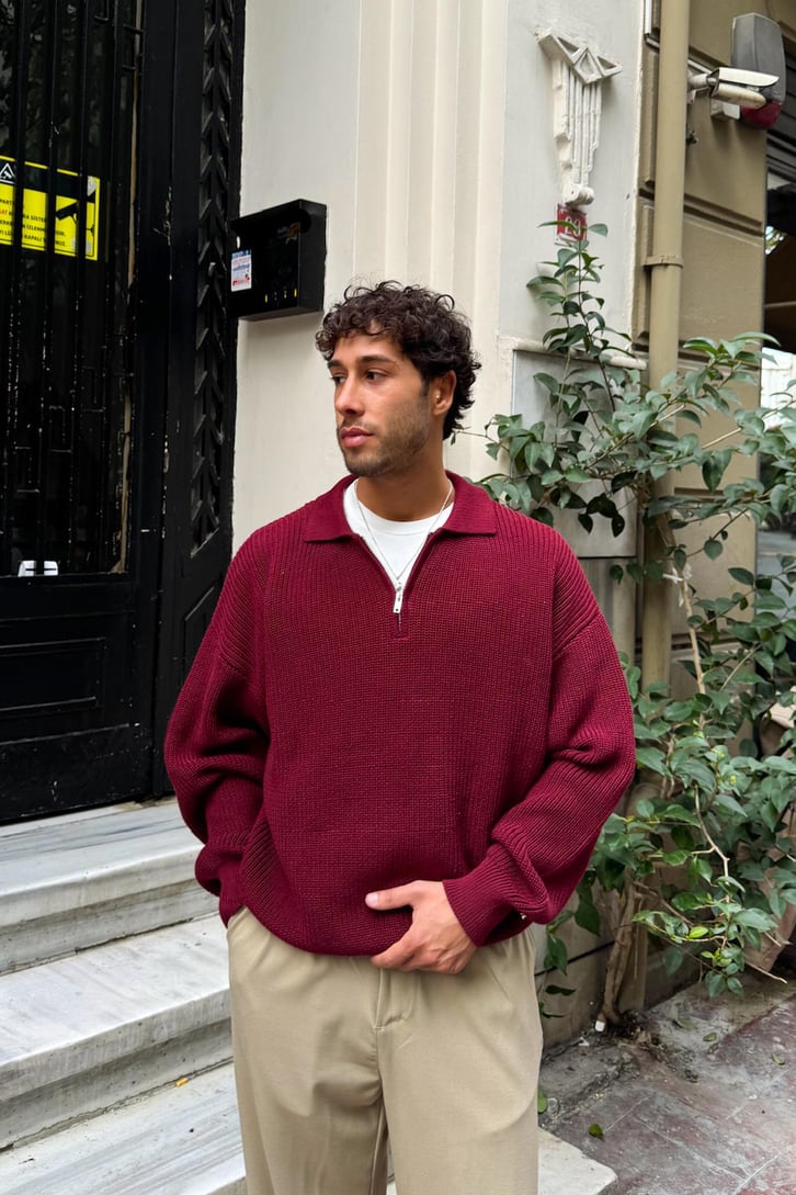 Half Zip Polo Yaka Triko Kazak