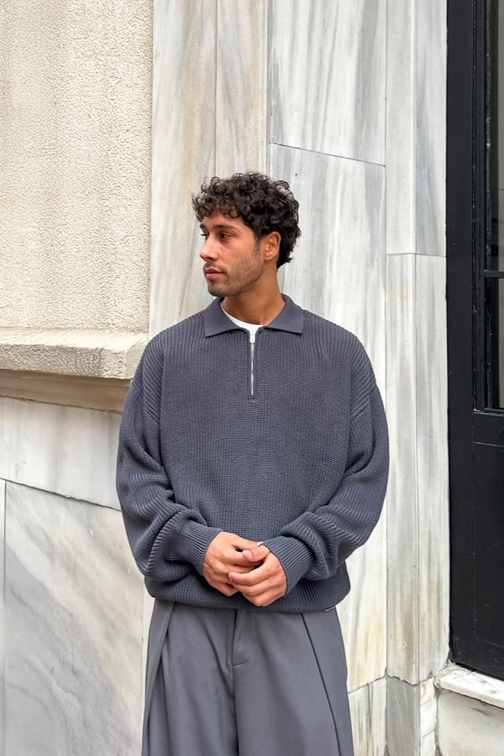Half Zip Polo Yaka Triko Kazak